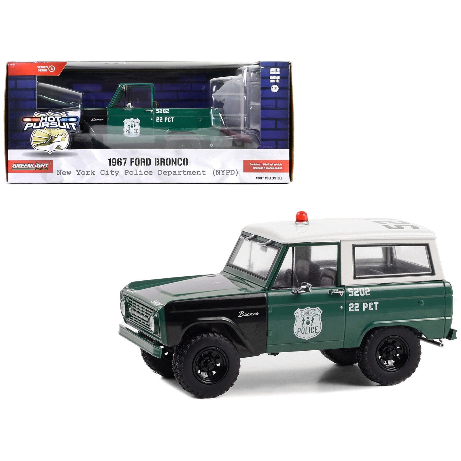 1967 Ford Bronco Green and Black with Tan Top "NYPD (New York City Police Department)" "Hot Pursuit" Series 8 1/24 Diecast Model Car by Greenlight - Greenlight - ModelCars.com