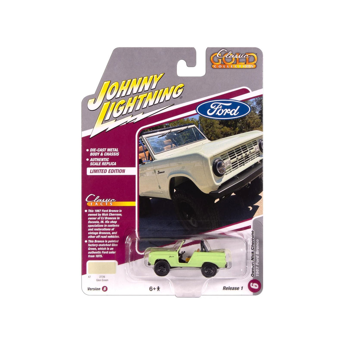 1967 Ford Bronco "Nick Cherrone" Glen Green "Classic Gold Collection" 1/64 Diecast Model Car by Johnny Lightning-Johnny Lightning-ModelCars.com