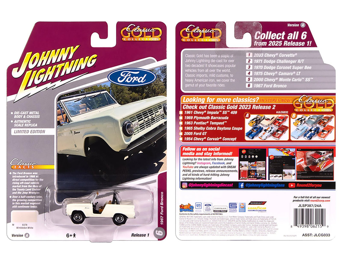 1967 Ford Bronco Wimbledon White "Classic Gold Collection" 1/64 Diecast Model Car by Johnny Lightning-Johnny Lightning-ModelCars.com