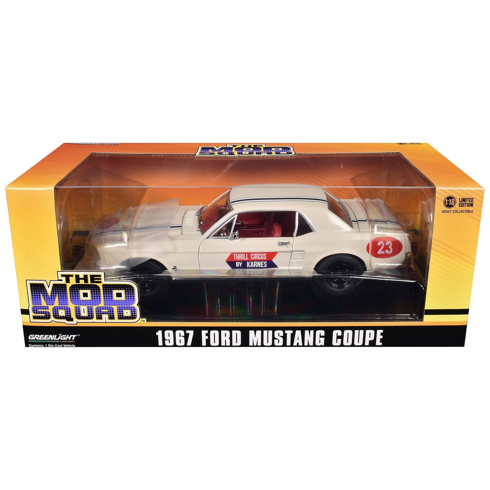 1967 Ford Mustang Coupe 23 "Thrill Circus By Karnes" White 1/18 Diecast Model Car by Greenlight - Greenlight - ModelCars.com