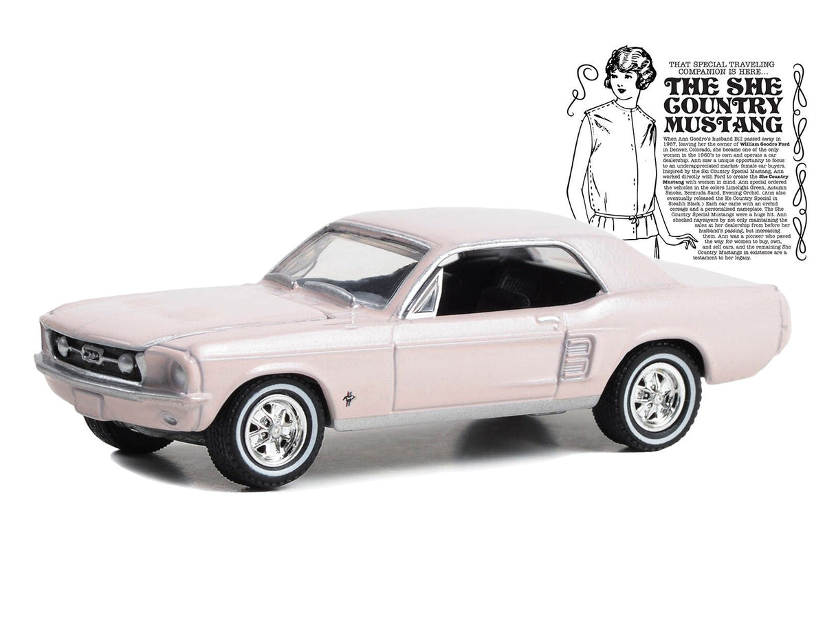 1967 Ford Mustang Coupe "She Country Special - Bill Goodro Ford Denver Colorado" Bermuda Sand "Hobby Exclusive" Series 1/64 Diecast Model Car by Greenlight-Greenlight-ModelCars.com