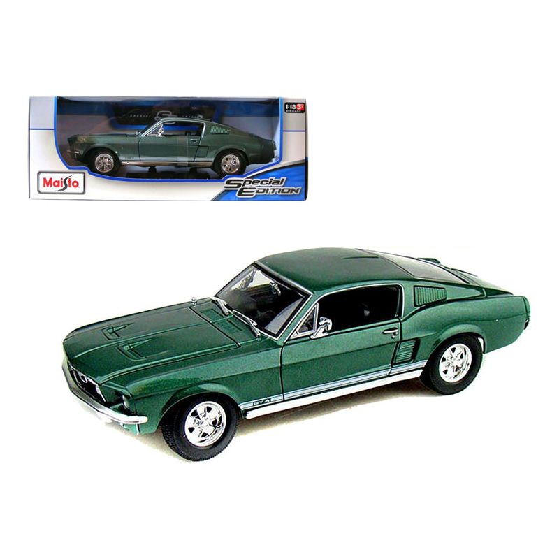 1967 Ford Mustang GTA Fastback Green Metallic with White Stripes 1/18 Diecast Model Car by Maisto-Maisto-ModelCars.com