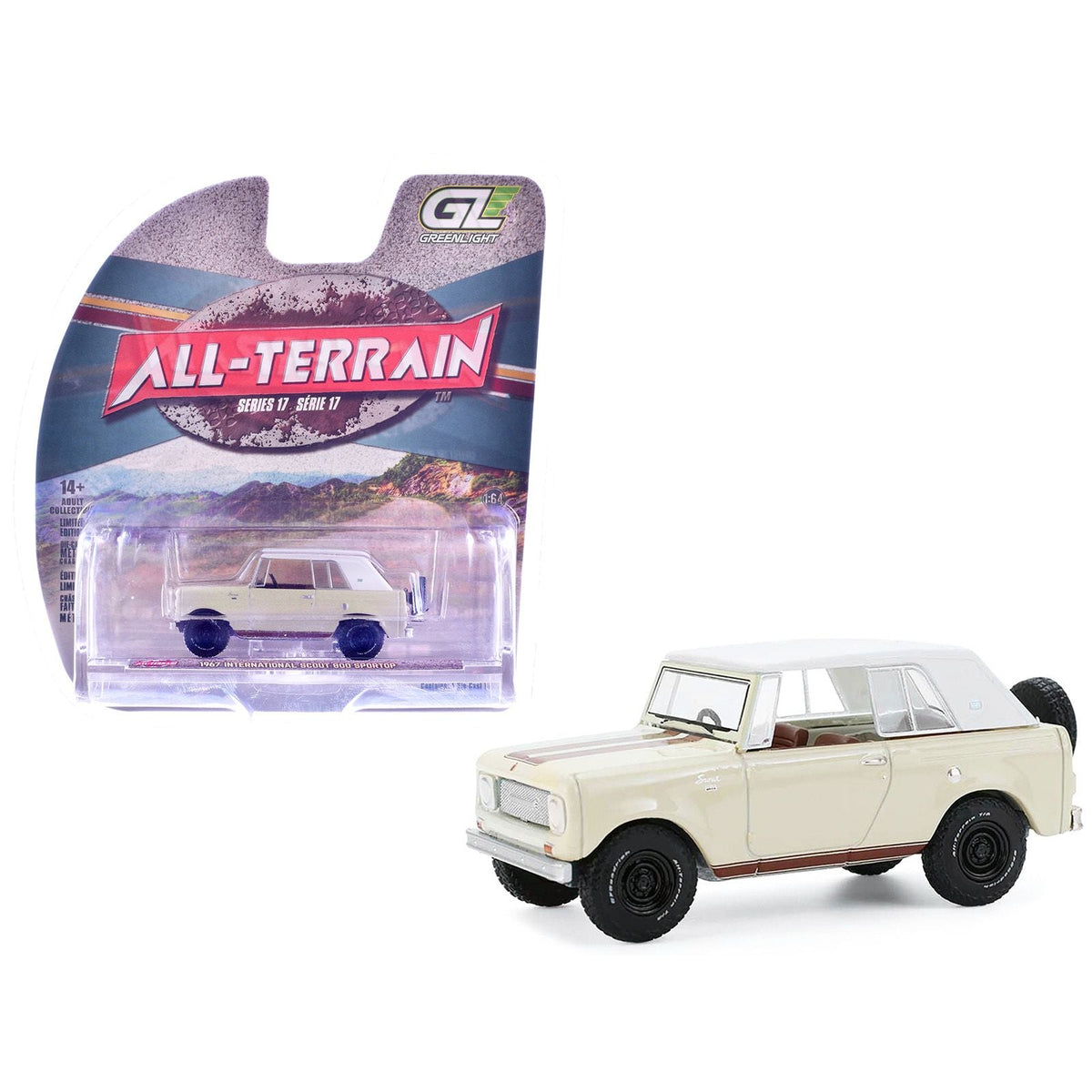 1967 International Scout 800 Sportop Cream with Brown Stripes and White Top "All Terrain" Series 17 1/64 Diecast Model Car by Greenlight-Greenlight-ModelCars.com