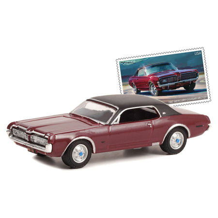 1967 Mercury Cougar XR - 7 GT Dark Red with Black Top USPS (United States Postal Service) "2022 Pony Car Stamp Collection by Artist Tom Fritz" "Hobby Exclusive" Series 1/64 Diecast Model Car by Greenlight - Greenlight - ModelCars.com