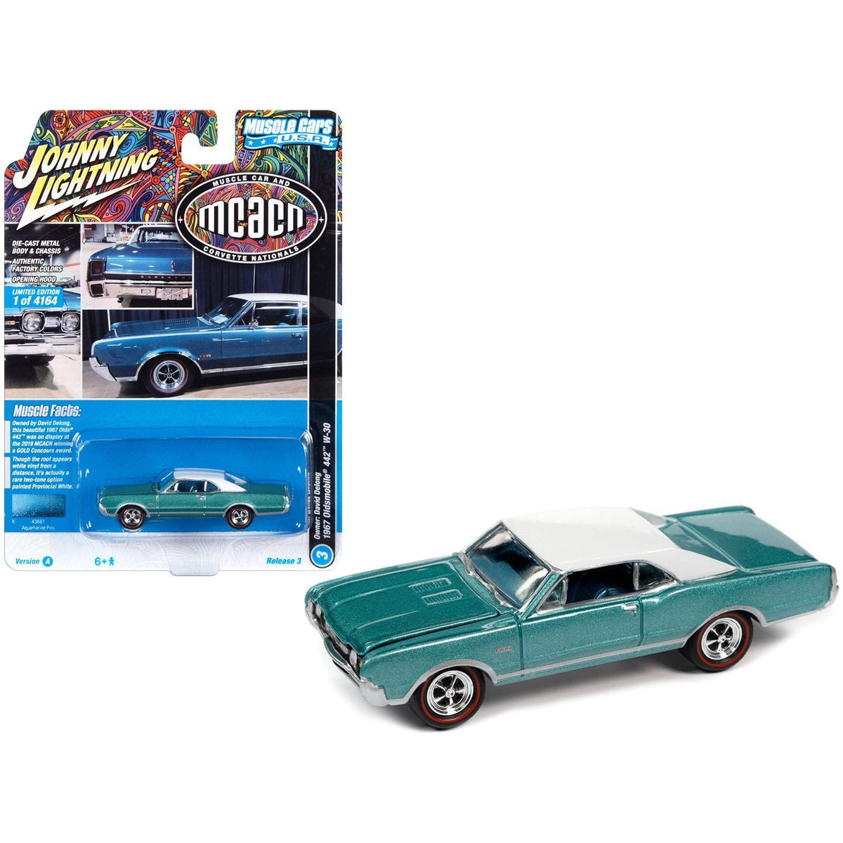 1967 Oldsmobile 442 W-30 Aquamarine Metallic with White Top "MCACN (Muscle Car and Corvette Nationals)" Limited Edition to 4164 pieces Worldwide "Muscle Cars USA" Series 1/64 Diecast Model Car by Johnny Lightning-Johnny Lightning-ModelCars.com