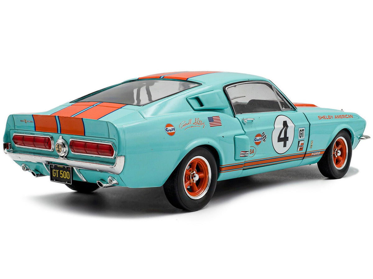 1967 Shelby GT500 #4 "Gulf Racing Tribute" Light Blue with Orange Stripes 1/18 Diecast Model Car by Solido-Solido-ModelCars.com