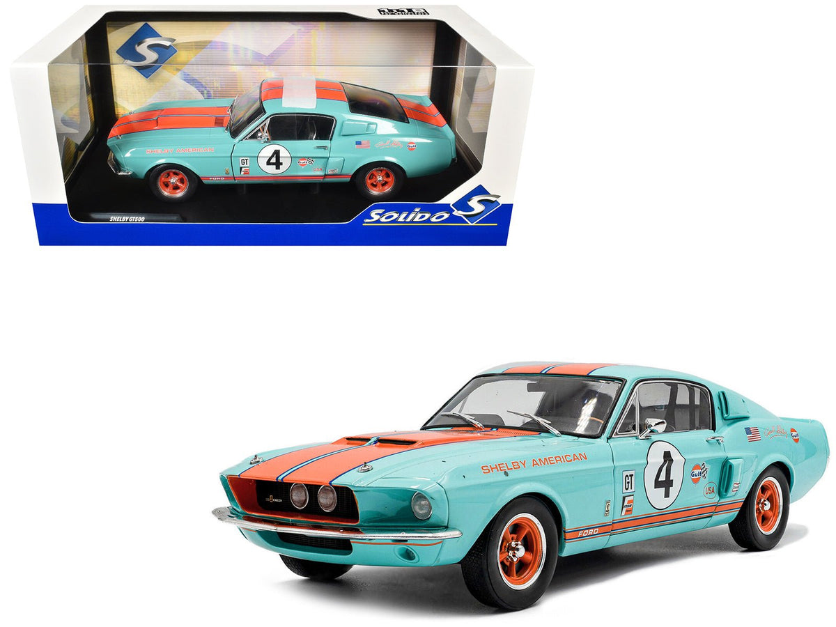 1967 Shelby GT500 #4 "Gulf Racing Tribute" Light Blue with Orange Stripes 1/18 Diecast Model Car by Solido-Solido-ModelCars.com