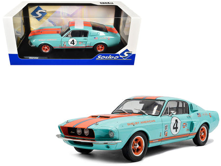 1967 Shelby GT500 #4 "Gulf Racing Tribute" Light Blue with Orange Stripes 1/18 Diecast Model Car by Solido-Solido-ModelCars.com