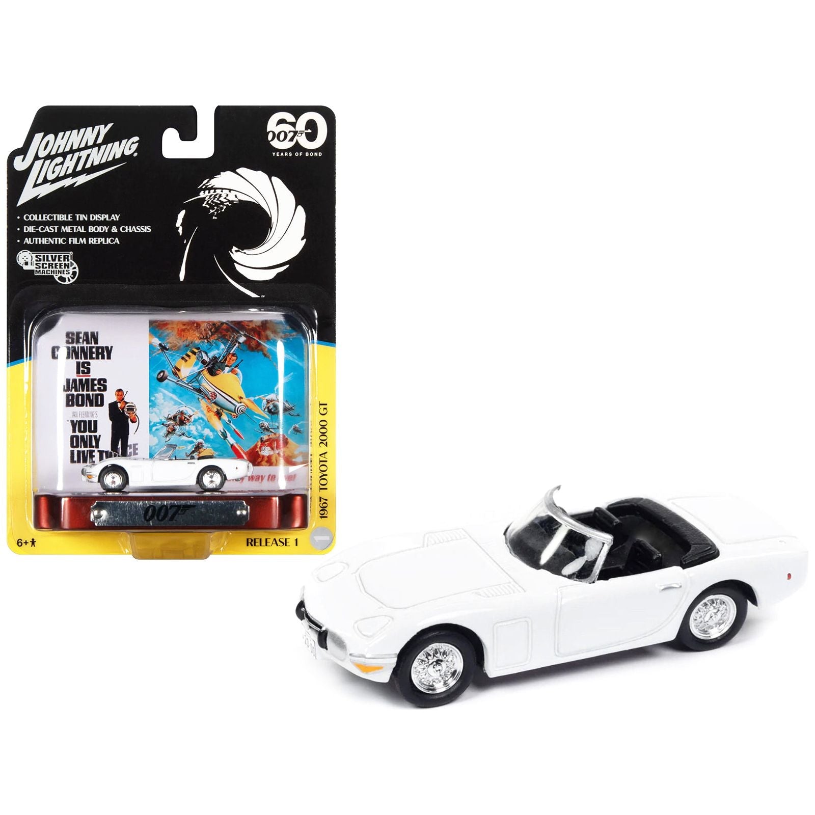 1967 Toyota 2000 GT Convertible RHD (Right Hand Drive) White 007 (James Bond) "You Only Live Twice" (1967) Movie with Collectible Tin Display "Silver Screen Machines" Series 1/64 Diecast Model Car by Johnny Lightning - Johnny Lightning - ModelCars.com