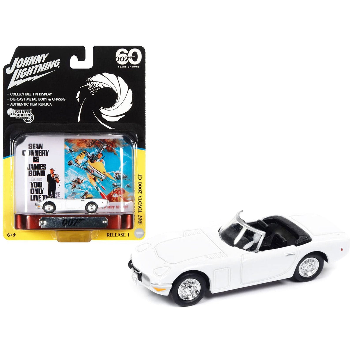 1967 Toyota 2000 GT Convertible RHD (Right Hand Drive) White 007 (James Bond) "You Only Live Twice" (1967) Movie with Collectible Tin Display "Silver Screen Machines" Series 1/64 Diecast Model Car by Johnny Lightning-Johnny Lightning-ModelCars.com