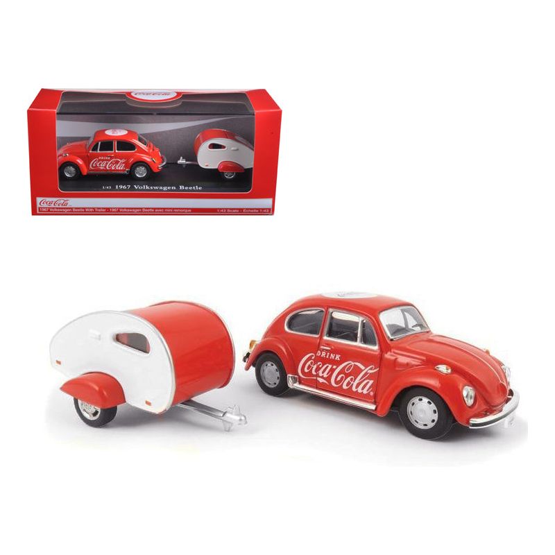 1967 Volkswagen Beetle Red with Teardrop Travel Trailer Red and White "Coca - Cola" 1/43 Diecast Model Car by Motorcity Classics - Motorcity Classics - ModelCars.com