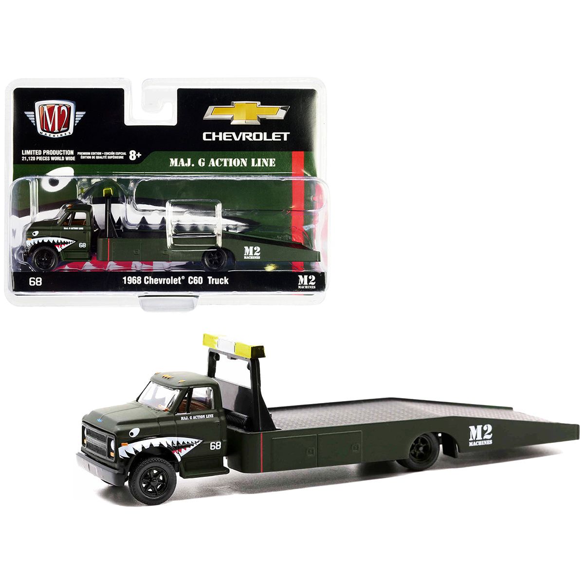 1968 Chevrolet C60 Flatbed Truck 68 Matt Dark Green with Graphics "Maj. G Action Line" Limited Edition to 21120 pieces Worldwide 1/64 Diecast Model by M2 Machines - M2 - ModelCars.com