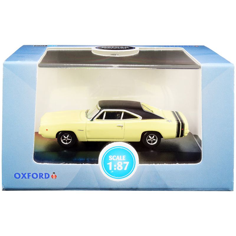 1968 Dodge Charger Light Yellow with Black Top and Black Stripes 1/87 (HO) Scale Diecast Model Car by Oxford Diecast - Oxford Diecast - ModelCars.com