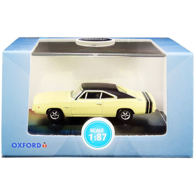 1968 Dodge Charger Light Yellow with Black Top and Black Stripes 1/87 (HO) Scale Diecast Model Car by Oxford Diecast - Oxford Diecast - ModelCars.com