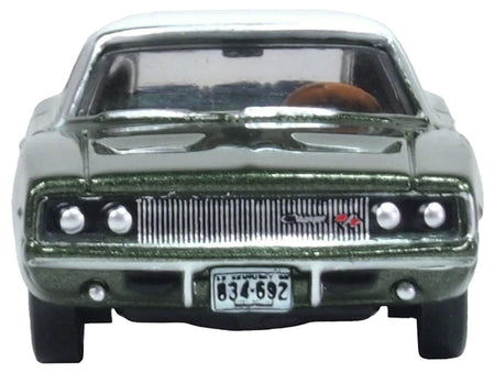 1968 Dodge Charger Racing Green Metallic with White Top and Tail Stripe 1/87 (HO) Scale Diecast Model Car by Oxford Diecast-Oxford Diecast-ModelCars.com