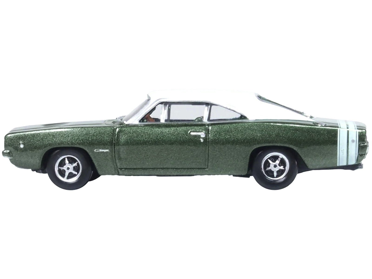 1968 Dodge Charger Racing Green Metallic with White Top and Tail Stripe 1/87 (HO) Scale Diecast Model Car by Oxford Diecast-Oxford Diecast-ModelCars.com