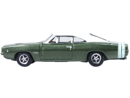 1968 Dodge Charger Racing Green Metallic with White Top and Tail Stripe 1/87 (HO) Scale Diecast Model Car by Oxford Diecast-Oxford Diecast-ModelCars.com