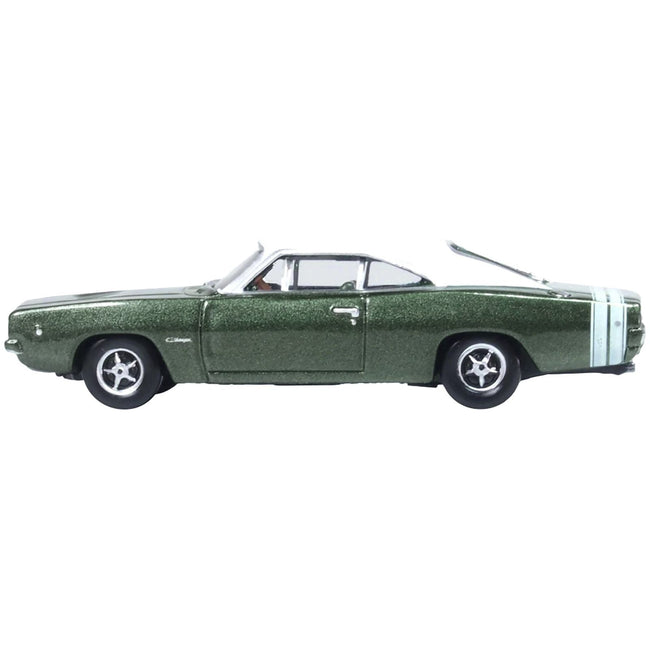 1968 Dodge Charger Racing Green Metallic with White Top and Tail Stripe 1/87 (HO) Scale Diecast Model Car by Oxford Diecast-Oxford Diecast-ModelCars.com