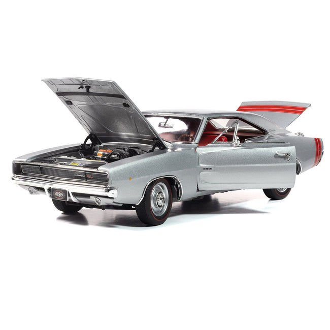 1968 Dodge Charger R/T "Muscle Car & Corvette Nationals" (MCACN) Silver Metallic with Red Interior "American Muscle" Series 1/18 Diecast Model Car by Auto World-Autoworld-ModelCars.com