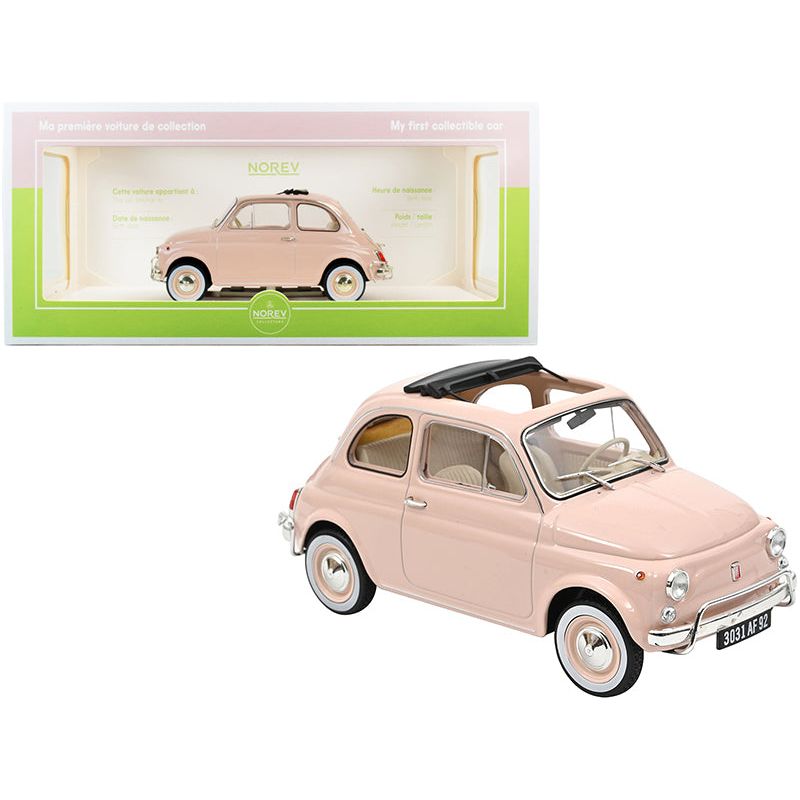 1968 Fiat 500L Pink with Special BIRTH Packaging "My First Collectible Car" 1/18 Diecast Model Car by Norev - Norev - ModelCars.com