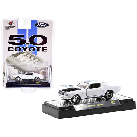 1968 Ford Mustang Custom Platinum Pearl White with Blue Stripes "5.0 Coyote" Limited Edition to 5500 pieces Worldwide 1/64 Diecast Model Car by M2 Machines-M2-ModelCars.com