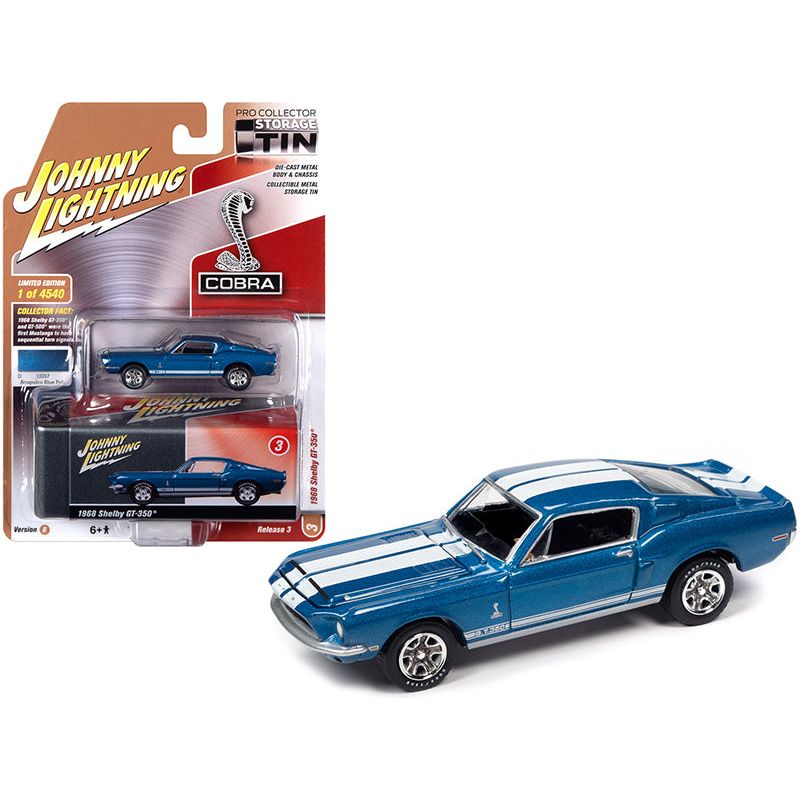 1968 Ford Mustang Shelby GT - 350 Acapulco Blue Metallic with White Stripes and Collector Tin Limited Edition to 4540 pieces Worldwide 1/64 Diecast Model Car by Johnny Lightning - Johnny Lightning - ModelCars.com