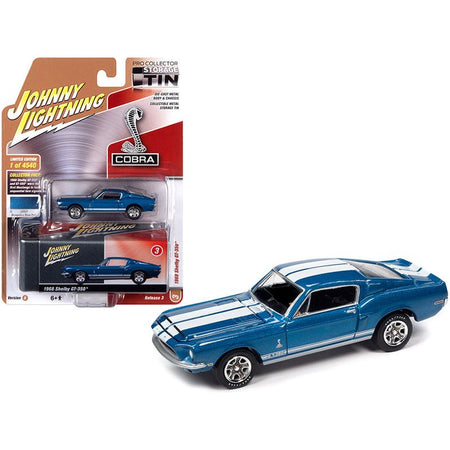 1968 Ford Mustang Shelby GT - 350 Acapulco Blue Metallic with White Stripes and Collector Tin Limited Edition to 4540 pieces Worldwide 1/64 Diecast Model Car by Johnny Lightning - Johnny Lightning - ModelCars.com