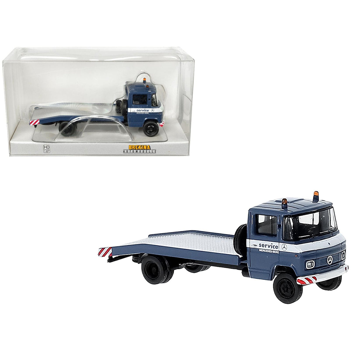 1968 Mercedes-Benz L 608 D Flatbed Truck Blue with White Stripes "Mercedes-Benz Service" 1/87 (HO) Scale Model Car by Brekina-Brekina-ModelCars.com