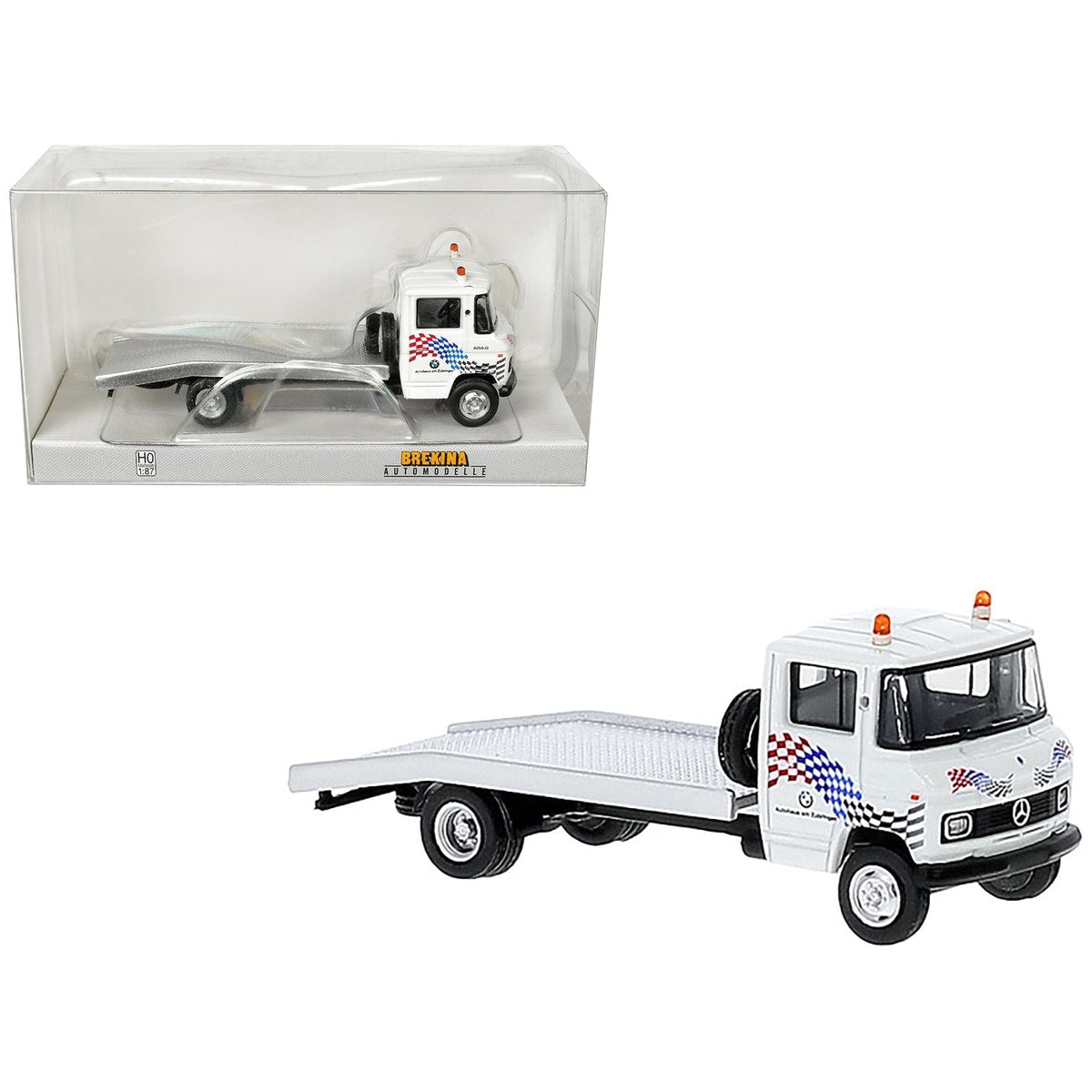 1968 Mercedes-Benz L 608 D Flatbed Truck White with Graphics "BMW Autohaus" 1/87 (HO) Scale Model Car by Brekina-Brekina-ModelCars.com