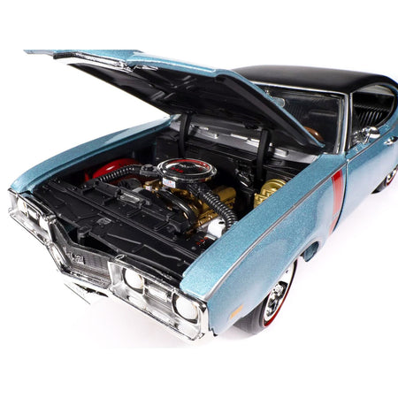 1968 Oldsmobile 442 W30 Holiday Coupe Teal Frost Metallic with Red Stripes and Black Vinyl Top "Hemmings Motor News July 2023 Cover Car" "American Muscle" Series 1/18 Diecast Model Car by Auto World-Autoworld-ModelCars.com