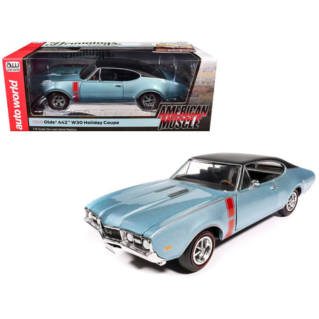 1968 Oldsmobile 442 W30 Holiday Coupe Teal Frost Metallic with Red Stripes and Black Vinyl Top "Hemmings Motor News July 2023 Cover Car" "American Muscle" Series 1/18 Diecast Model Car by Auto World-Autoworld-ModelCars.com