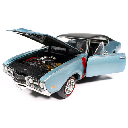 1968 Oldsmobile 442 W30 Holiday Coupe Teal Frost Metallic with Red Stripes and Black Vinyl Top "Hemmings Motor News July 2023 Cover Car" "American Muscle" Series 1/18 Diecast Model Car by Auto World-Autoworld-ModelCars.com
