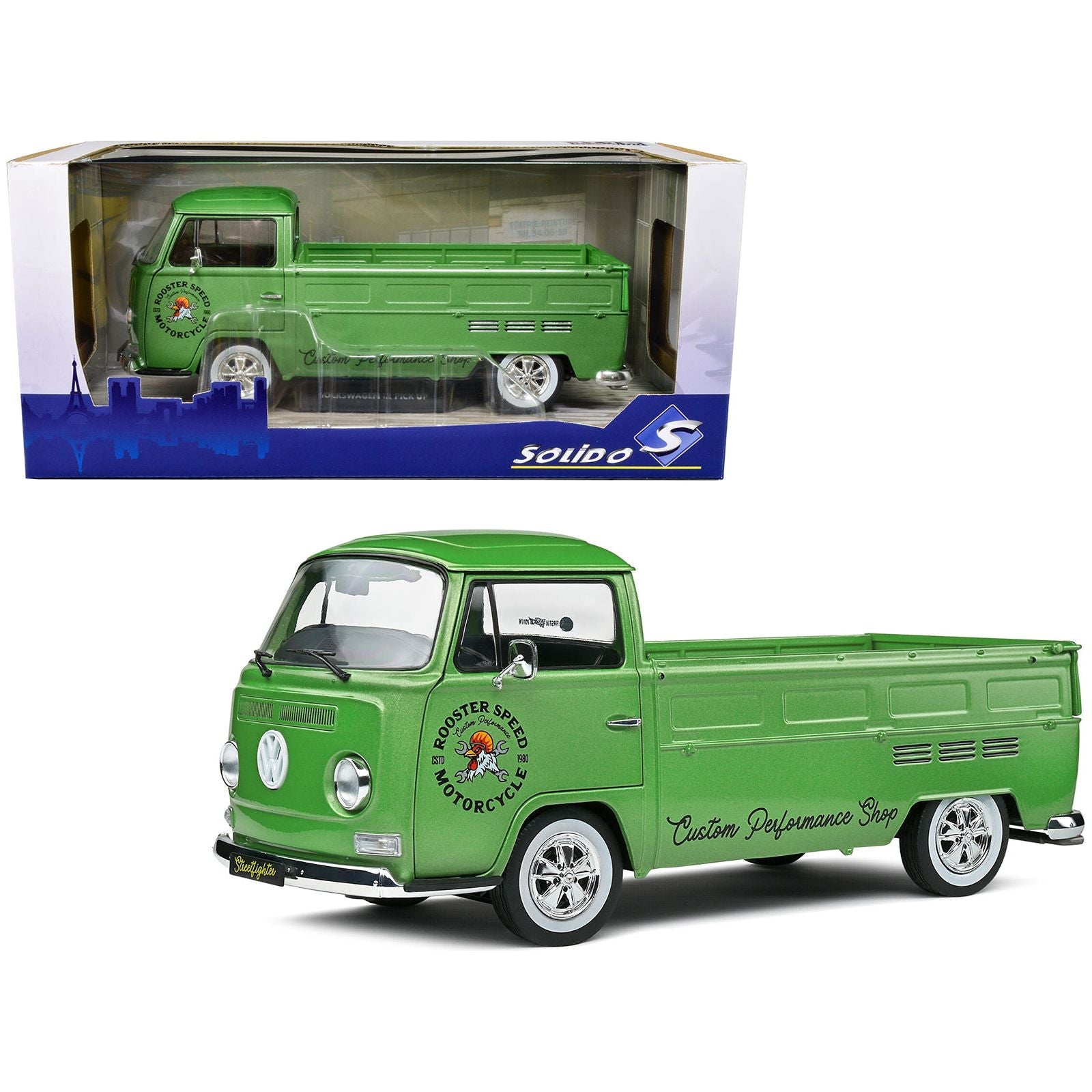 1968 Volkswagen T2 Pickup Truck Green Metallic "Rooster Speed Motorcycle" 1/18 Diecast Model Car by Solido - Solido - ModelCars.com