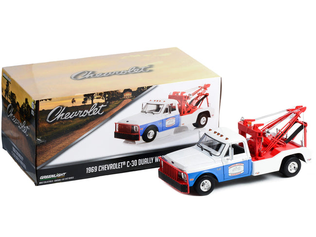 1969 Chevrolet C-30 Dually Wrecker Tow Truck White and Blue "Hazzard County Garage" 1/18 Diecast Model Car by Greenlight-Greenlight-ModelCars.com