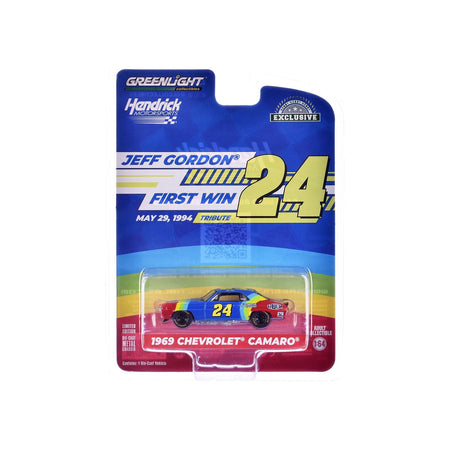 1969 Chevrolet Camaro 24 "Jeff Gordon - Hendrick Motorsports First Win Tribute" Blue and Red with Stripes "Hobby Exclusive" Series 1/64 Diecast Model Car by Greenlight - Greenlight - ModelCars.com