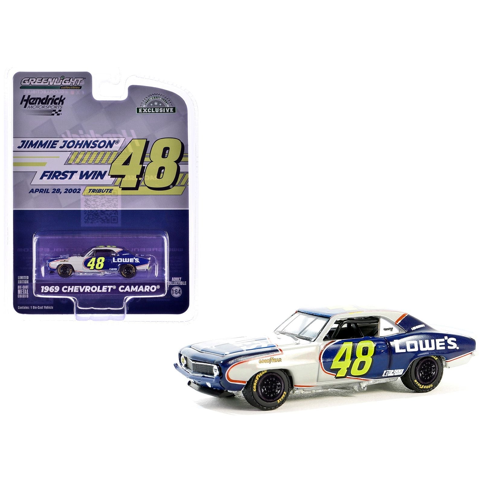 1969 Chevrolet Camaro 48 "Jimmie Johnson - Hendrick Motorsports First Win Tribute" Dark Blue and White with Graphics "Hobby Exclusive" Series 1/64 Diecast Model Car by Greenlight - Greenlight - ModelCars.com