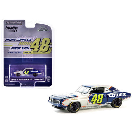 1969 Chevrolet Camaro 48 "Jimmie Johnson - Hendrick Motorsports First Win Tribute" Dark Blue and White with Graphics "Hobby Exclusive" Series 1/64 Diecast Model Car by Greenlight - Greenlight - ModelCars.com