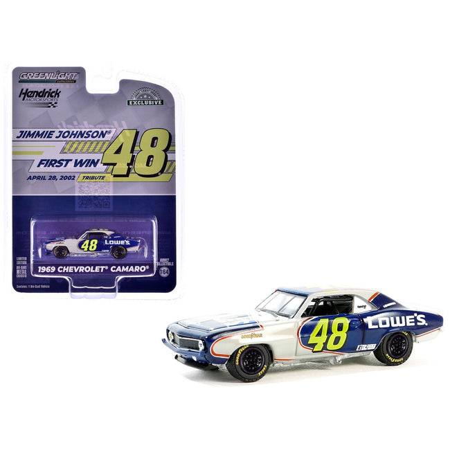 1969 Chevrolet Camaro 48 "Jimmie Johnson - Hendrick Motorsports First Win Tribute" Dark Blue and White with Graphics "Hobby Exclusive" Series 1/64 Diecast Model Car by Greenlight - Greenlight - ModelCars.com