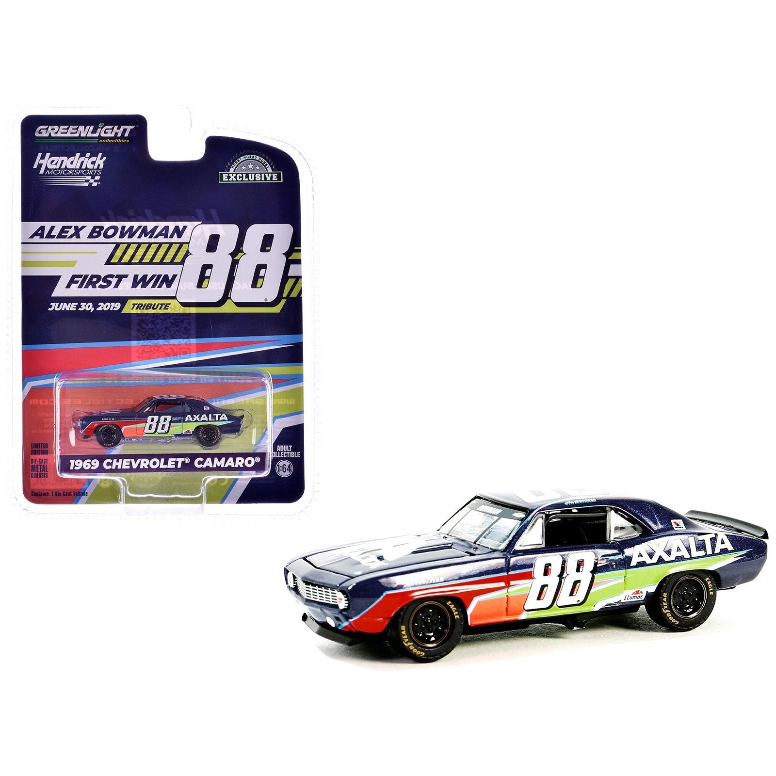 1969 Chevrolet Camaro 88 "Alex Bowman - Hendrick Motorsports First Win Tribute" Dark Blue with Graphics "Hobby Exclusive" Series 1/64 Diecast Model Car by Greenlight - Greenlight - ModelCars.com