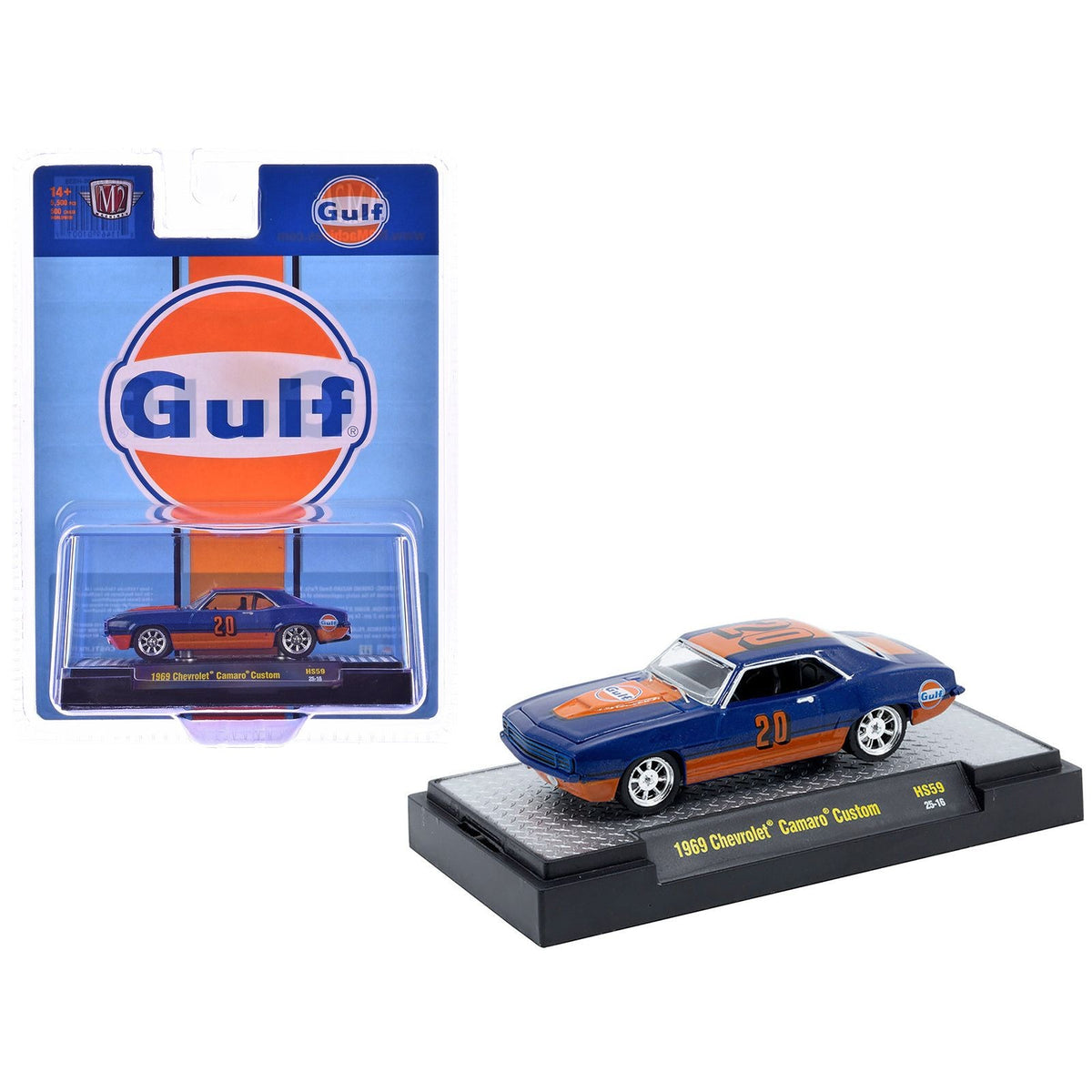 1969 Chevrolet Camaro Custom #20 "Gulf Oil" Dark Blue and Orange Limited Edition to 5500 pieces Worldwide 1/64 Diecast Model Car by M2 Machines-M2-ModelCars.com