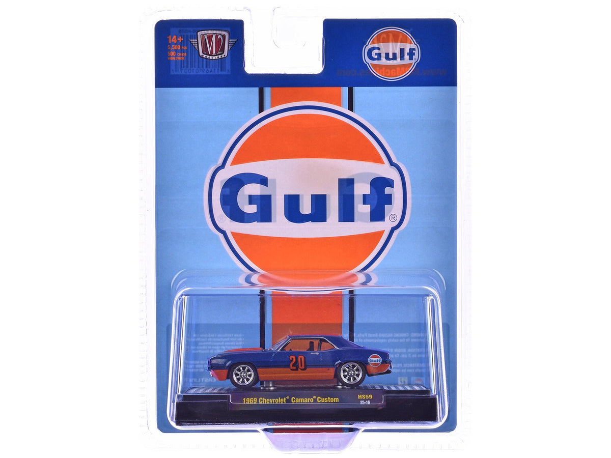 1969 Chevrolet Camaro Custom #20 "Gulf Oil" Dark Blue and Orange Limited Edition to 5500 pieces Worldwide 1/64 Diecast Model Car by M2 Machines-M2-ModelCars.com