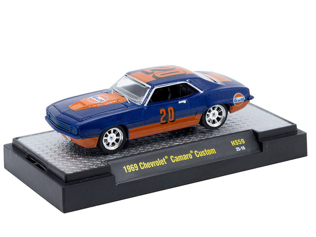 1969 Chevrolet Camaro Custom #20 "Gulf Oil" Dark Blue and Orange Limited Edition to 5500 pieces Worldwide 1/64 Diecast Model Car by M2 Machines-M2-ModelCars.com