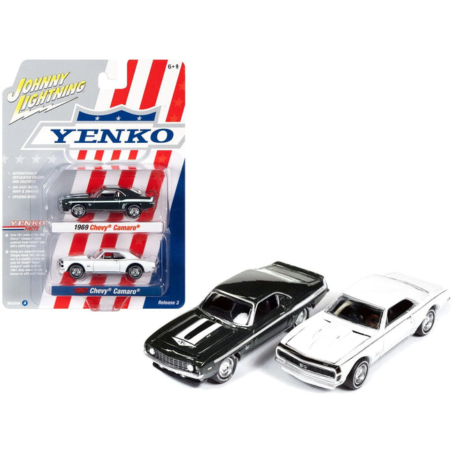 1969 Chevrolet Camaro Fathom Green Metallic with White Stripes and 1967 Chevrolet Camaro White with Black Nose Stripe "Yenko" Series Set of 2 Cars 1/64 Diecast Model Cars by Johnny Lightning-Johnny Lightning-ModelCars.com
