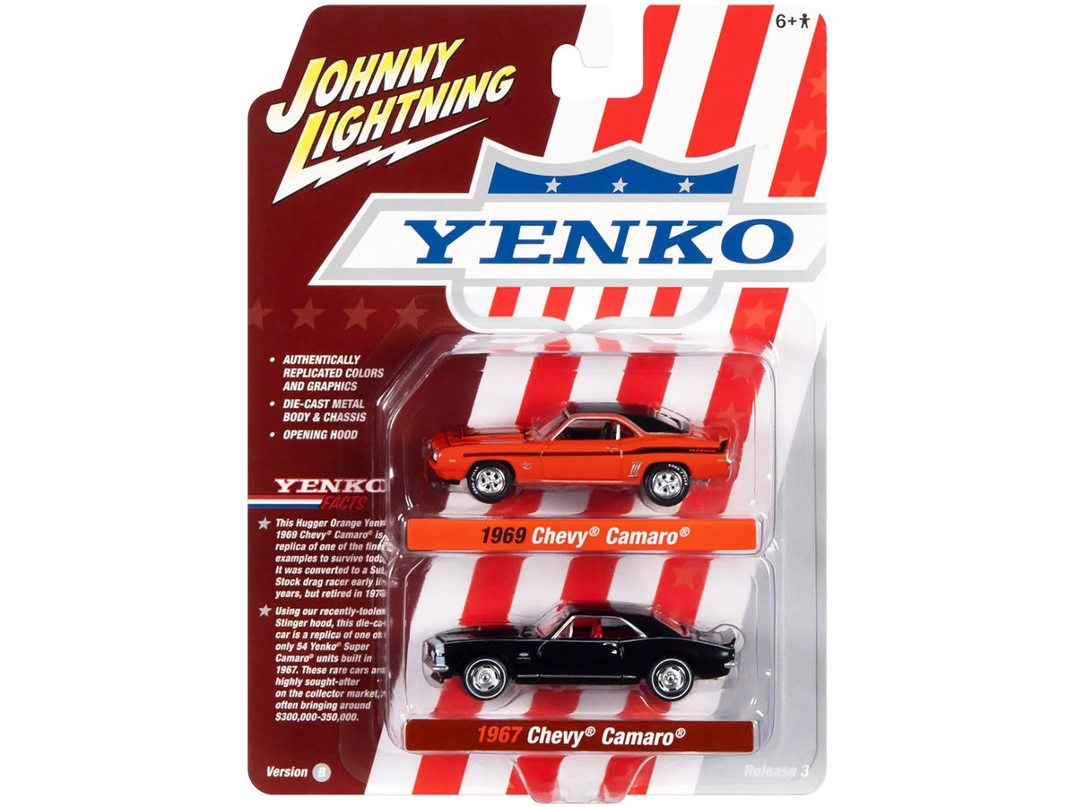 1969 Chevrolet Camaro Hugger Orange with Black Top and Stripes and 1967 Chevrolet Camaro Black with White Stripe and Red Interior "Yenko" Series Set of 2 Cars 1/64 Diecast Model Cars by Johnny Lightning-Johnny Lightning-ModelCars.com