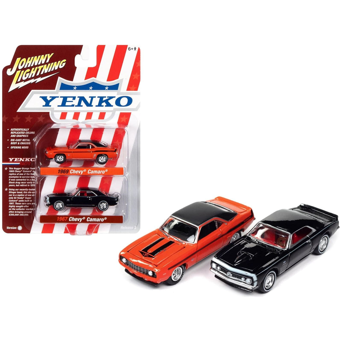 1969 Chevrolet Camaro Hugger Orange with Black Top and Stripes and 1967 Chevrolet Camaro Black with White Stripe and Red Interior "Yenko" Series Set of 2 Cars 1/64 Diecast Model Cars by Johnny Lightning-Johnny Lightning-ModelCars.com
