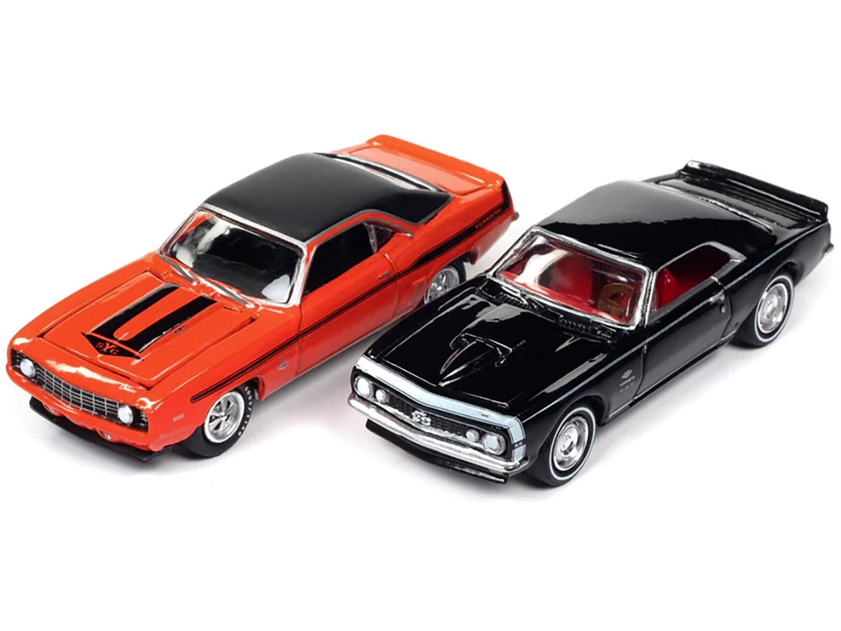 1969 Chevrolet Camaro Hugger Orange with Black Top and Stripes and 1967 Chevrolet Camaro Black with White Stripe and Red Interior "Yenko" Series Set of 2 Cars 1/64 Diecast Model Cars by Johnny Lightning-Johnny Lightning-ModelCars.com