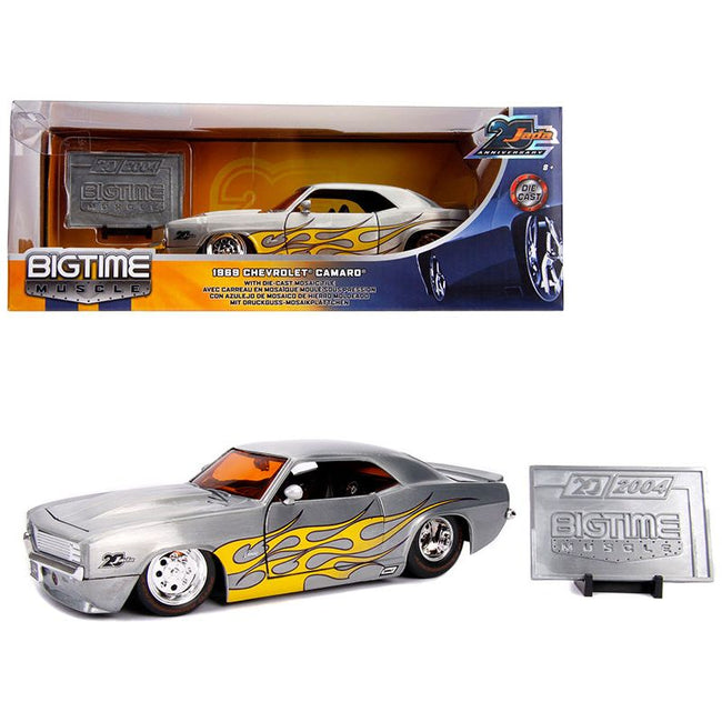 1969 Chevrolet Camaro Raw Metal with Yellow Flames "Bigtime Muscle" "Jada 20th Anniversary" 1/24 Diecast Model Car by Jada-Jada-ModelCars.com
