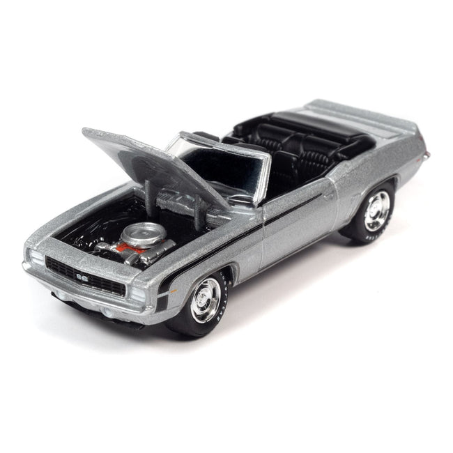 1969 Chevrolet Camaro RS/SS Convertible Cortez Silver Metallic with Black Stripes Limited Edition to 2572 pieces Worldwide "OK Used Cars" 2023 Series 1/64 Diecast Model Car by Johnny Lightning-Johnny Lightning-ModelCars.com