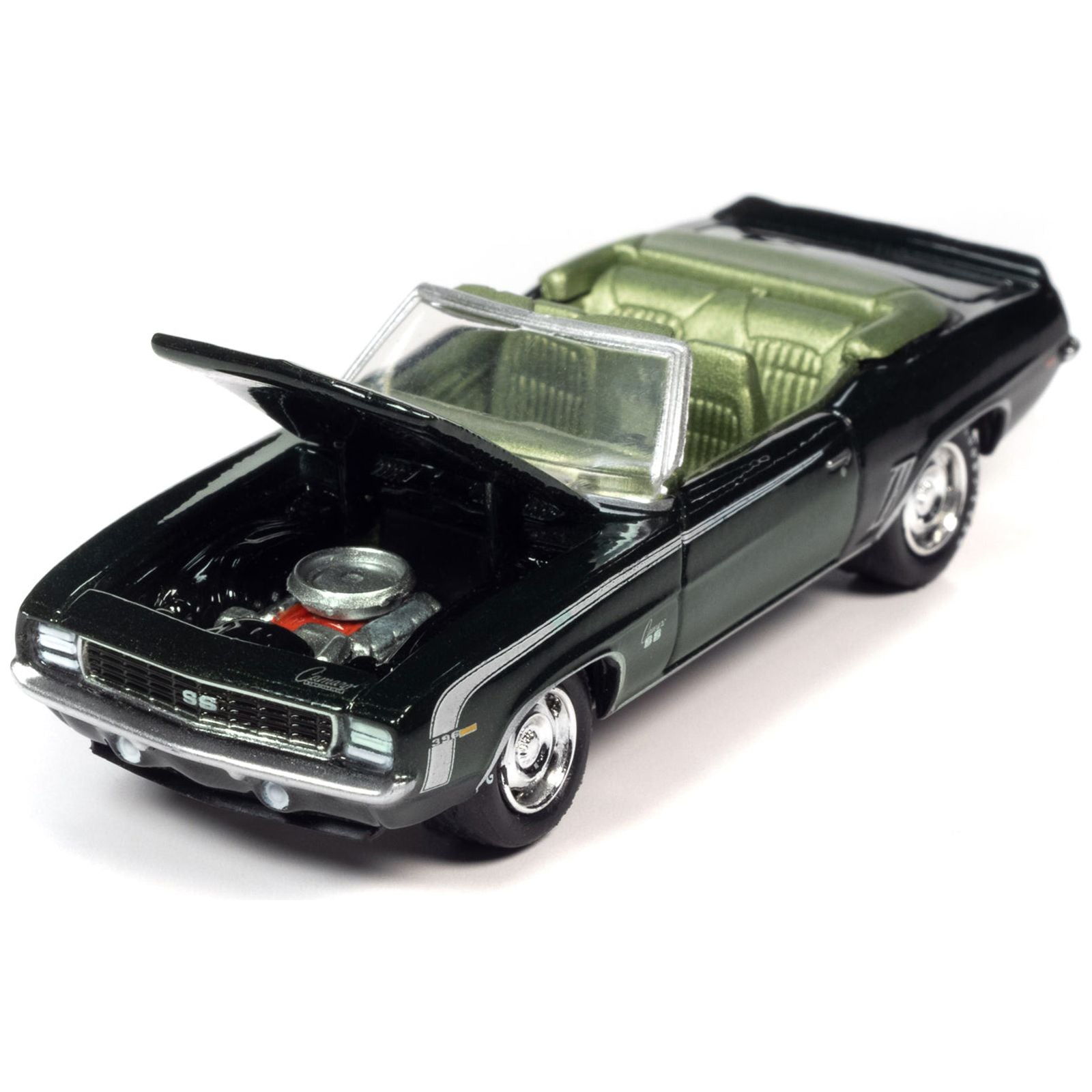 1969 Chevrolet Camaro RS/SS Convertible Fathom Green Metallic with White Stripes and Light Green Interior Limited Edition to 2524 pieces Worldwide "OK Used Cars" 2023 Series 1/64 Diecast Model Car by Johnny Lightning - Johnny Lightning - ModelCars.com