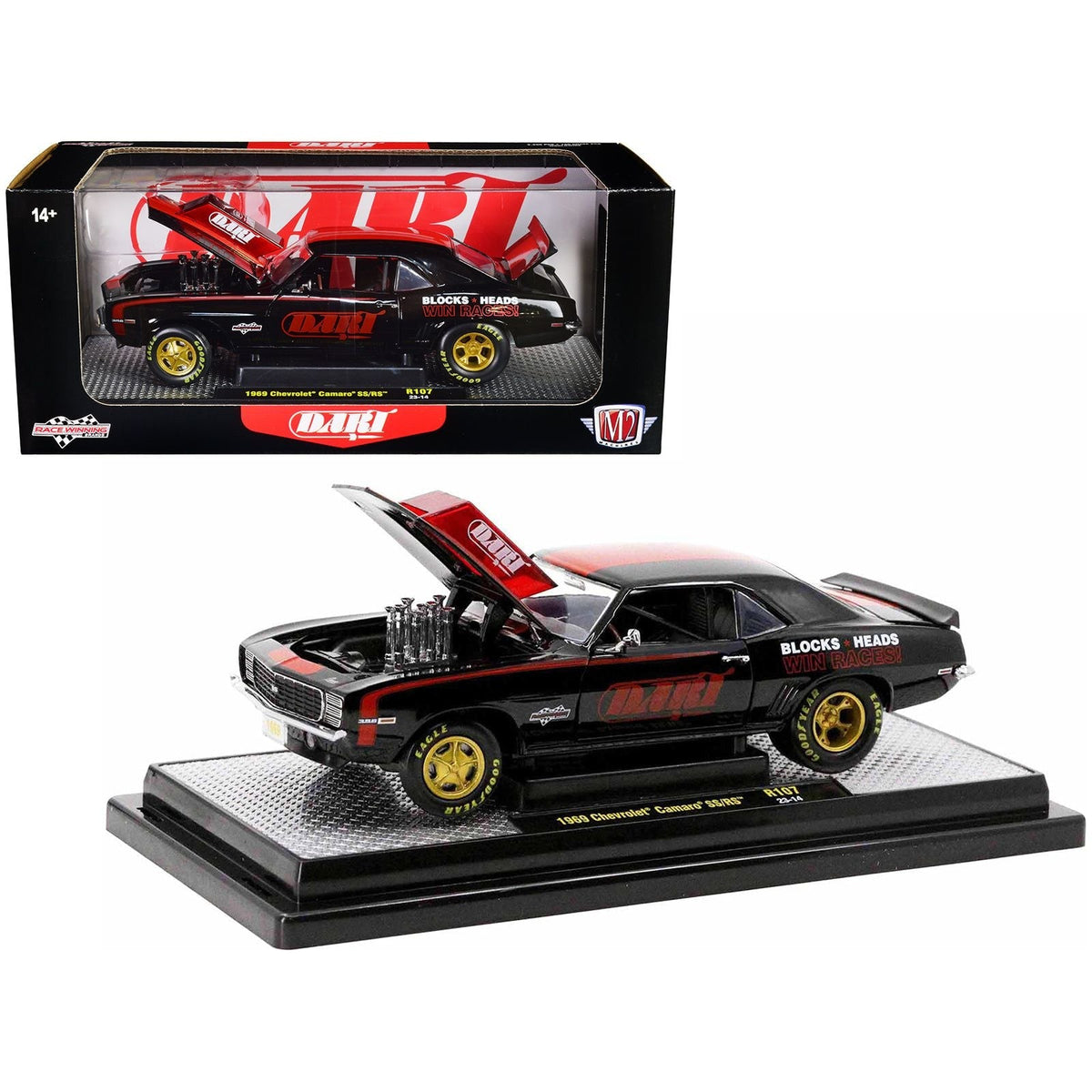 1969 Chevrolet Camaro SS 396 Black with Bright Red Stripes "Dart Machinery" Limited Edition to 5250 pieces Worldwide 1/24 Diecast Model Car by M2 Machines-M2-ModelCars.com